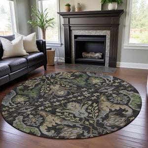 HomeRoots 8' Washable Round Rug in Black, Olive Green & Gray Floral Design – UV Protected for Easy Care & Style 686924
