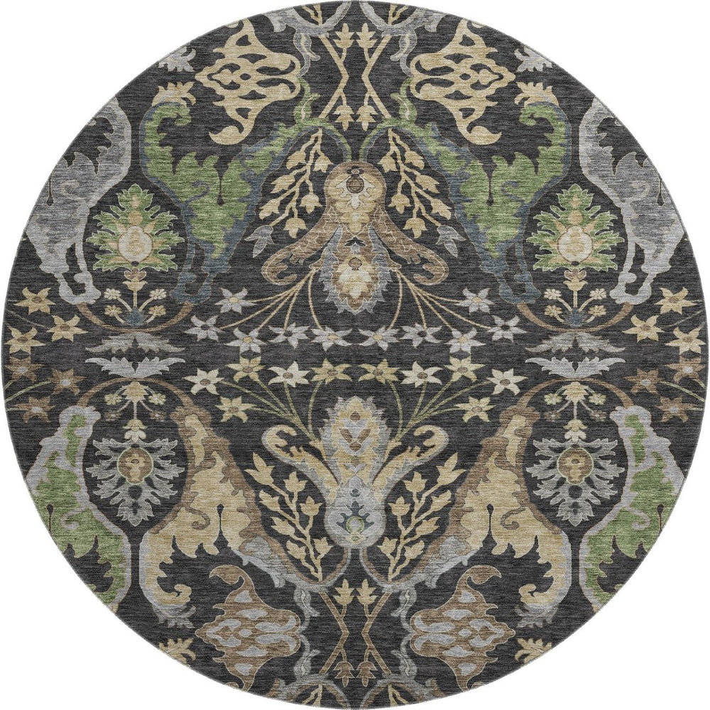 HomeRoots 8' Washable Round Rug in Black, Olive Green & Gray Floral Design – UV Protected for Easy Care & Style 686924