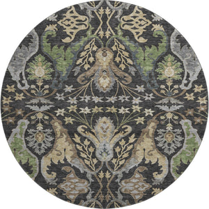 HomeRoots 8' Washable Round Rug in Black, Olive Green & Gray Floral Design – UV Protected for Easy Care & Style 686924