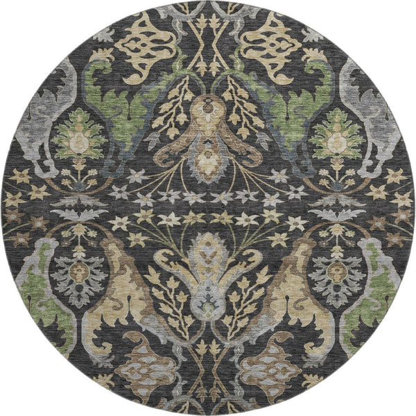 HomeRoots 8' Washable Round Rug in Black, Olive Green & Gray Floral Design – UV Protected for Easy Care & Style 686924