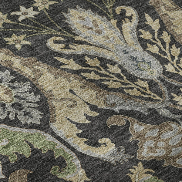 HomeRoots 8' Washable Round Rug in Black, Olive Green & Gray Floral Design – UV Protected for Easy Care & Style 686924