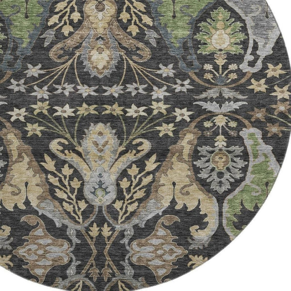 HomeRoots 8' Washable Round Rug in Black, Olive Green & Gray Floral Design – UV Protected for Easy Care & Style 686924
