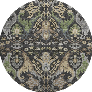 HomeRoots 8' Washable Round Rug in Black, Olive Green & Gray Floral Design – UV Protected for Easy Care & Style 686924