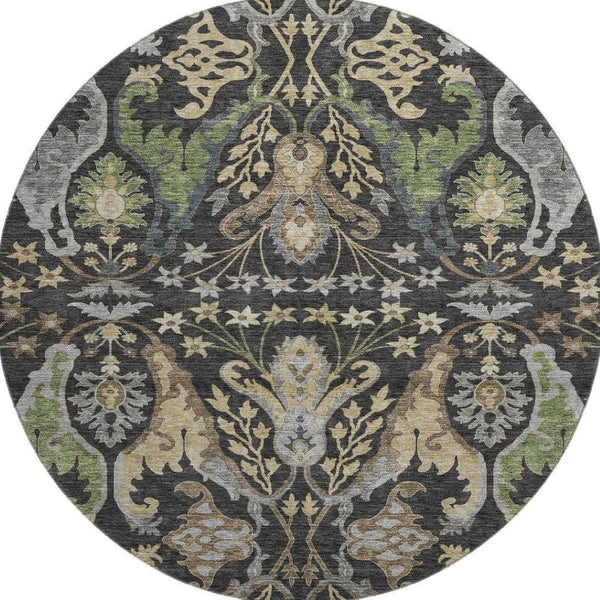 HomeRoots 8' Washable Round Rug in Black, Olive Green & Gray Floral Design – UV Protected for Easy Care & Style 686924