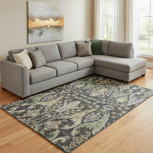 HomeRoots 8' X 10' Floral Washable Area Rug in Black, Olive Green & Gray - Durable, UV Protected & Stylish! 686925