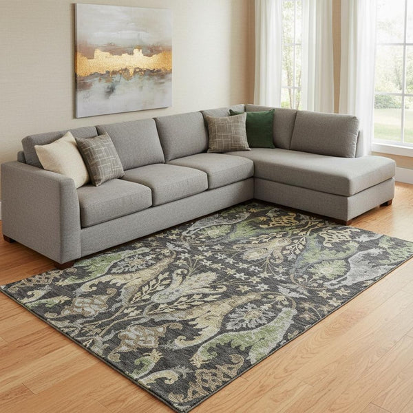 HomeRoots 8' X 10' Floral Washable Area Rug in Black, Olive Green & Gray - Durable, UV Protected & Stylish! 686925