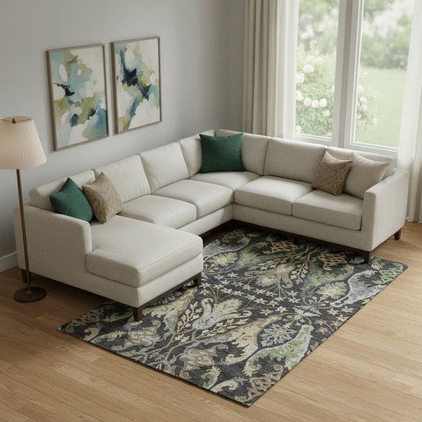 HomeRoots 10' X 14' Elegant Black Olive Green Floral Area Rug – Washable, UV-Protected & Stain-Resistant Design 686927