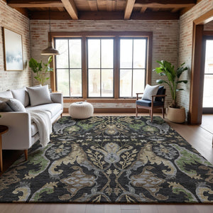 HomeRoots 10' X 14' Elegant Black Olive Green Floral Area Rug – Washable, UV-Protected & Stain-Resistant Design 686927