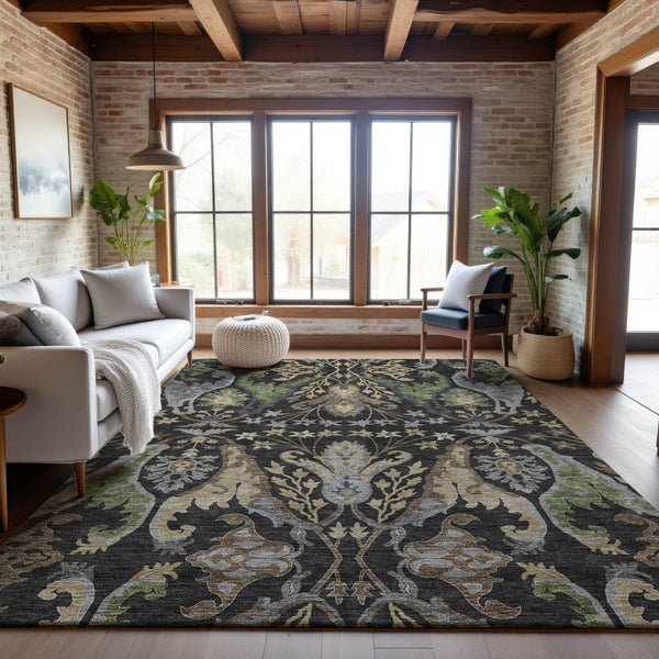 HomeRoots 10' X 14' Elegant Black Olive Green Floral Area Rug – Washable, UV-Protected & Stain-Resistant Design 686927