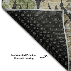 HomeRoots 10' X 14' Elegant Black Olive Green Floral Area Rug – Washable, UV-Protected & Stain-Resistant Design 686927
