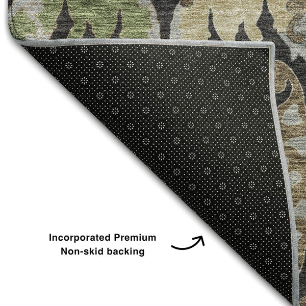 HomeRoots 10' X 14' Elegant Black Olive Green Floral Area Rug – Washable, UV-Protected & Stain-Resistant Design 686927