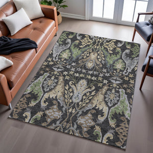 HomeRoots 10' X 14' Elegant Black Olive Green Floral Area Rug – Washable, UV-Protected & Stain-Resistant Design 686927