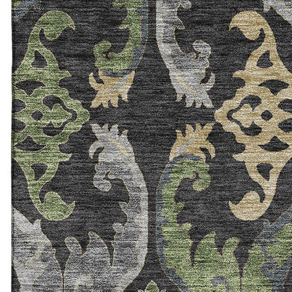 HomeRoots 10' X 14' Elegant Black Olive Green Floral Area Rug – Washable, UV-Protected & Stain-Resistant Design 686927
