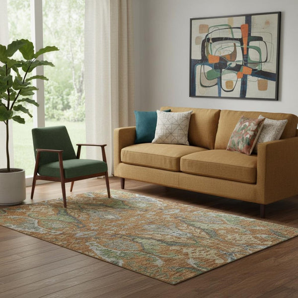 HomeRoots 5' X 8' Floral Area Rug in Copper Gray & Olive Green – Washable, UV-Protected & Stain-Resistant Design 686929