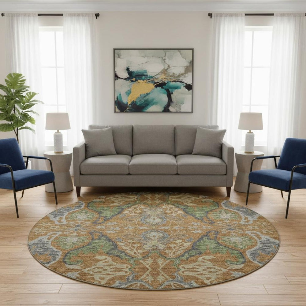 HomeRoots 8' Floral Washable Round Rug in Copper Gray & Olive Green – UV Protected, Durable & Stylish Home Accent 686930