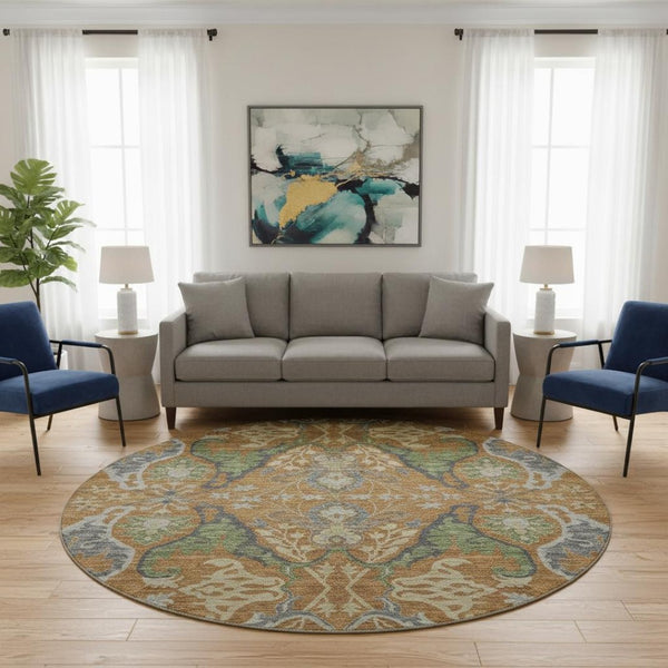 HomeRoots 8' Floral Washable Round Rug in Copper Gray & Olive Green – UV Protected, Durable & Stylish Home Accent 686930