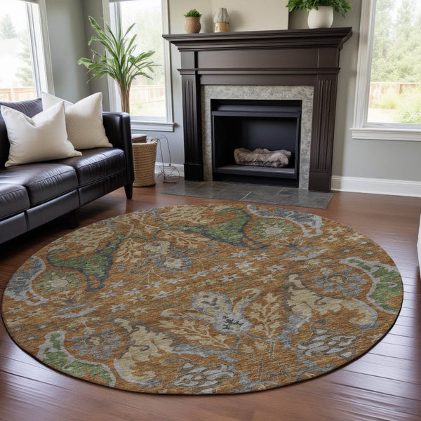 HomeRoots 8' Floral Washable Round Rug in Copper Gray & Olive Green – UV Protected, Durable & Stylish Home Accent 686930