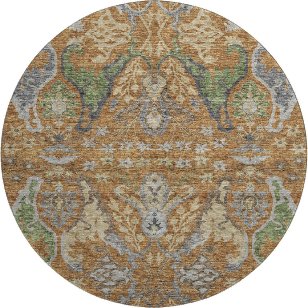HomeRoots 8' Floral Washable Round Rug in Copper Gray & Olive Green – UV Protected, Durable & Stylish Home Accent 686930