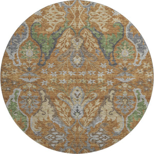 HomeRoots 8' Floral Washable Round Rug in Copper Gray & Olive Green – UV Protected, Durable & Stylish Home Accent 686930