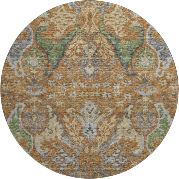 HomeRoots 8' Floral Washable Round Rug in Copper Gray & Olive Green – UV Protected, Durable & Stylish Home Accent 686930
