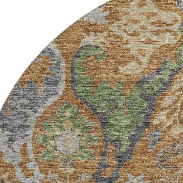 HomeRoots 8' Floral Washable Round Rug in Copper Gray & Olive Green – UV Protected, Durable & Stylish Home Accent 686930