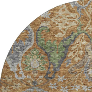 HomeRoots 8' Floral Washable Round Rug in Copper Gray & Olive Green – UV Protected, Durable & Stylish Home Accent 686930