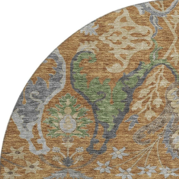 HomeRoots 8' Floral Washable Round Rug in Copper Gray & Olive Green – UV Protected, Durable & Stylish Home Accent 686930