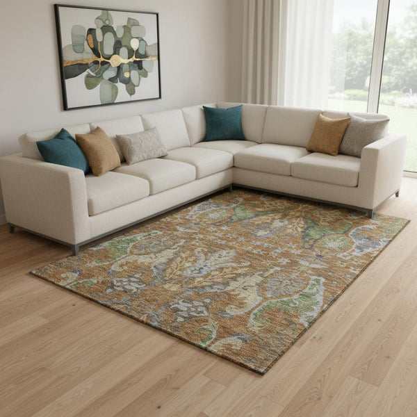 HomeRoots 8' X 10' Floral Area Rug in Copper Gray & Olive Green – Washable, UV Protected & Easy Care Design 686931