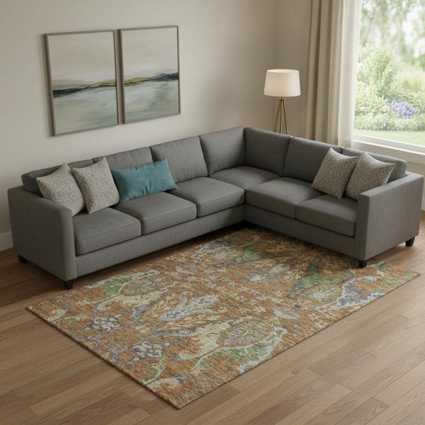 HomeRoots 9' Copper Gray & Olive Green Floral Area Rug - Washable, UV Protected for High-Traffic Homes & Pets 686932