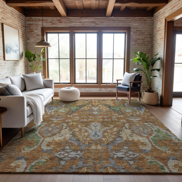 HomeRoots 9' Copper Gray & Olive Green Floral Area Rug - Washable, UV Protected for High-Traffic Homes & Pets 686932