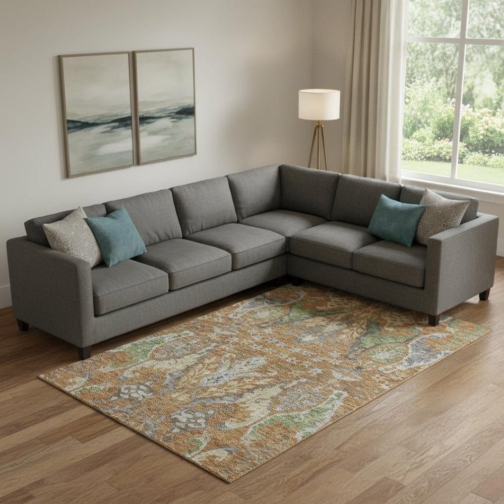 HomeRoots 10' X 14' Elegant Floral Washable Area Rug in Copper Gray & Olive Green with UV & Stain Protection 686933