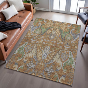 HomeRoots 10' X 14' Elegant Floral Washable Area Rug in Copper Gray & Olive Green with UV & Stain Protection 686933