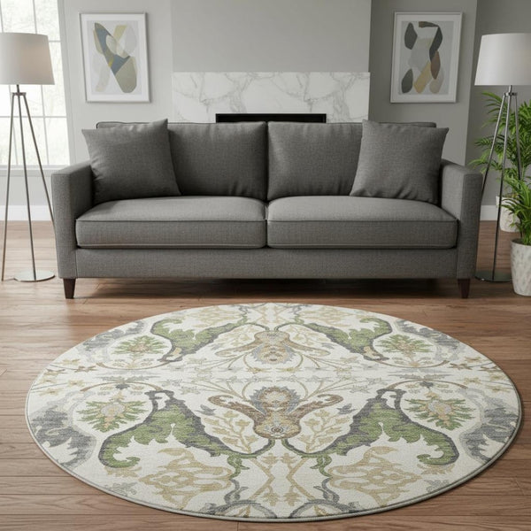 HomeRoots 8' Washable Round Rug with UV Protection - Elegant Ivory, Olive Green & Brown Floral Design, Durable! 686936