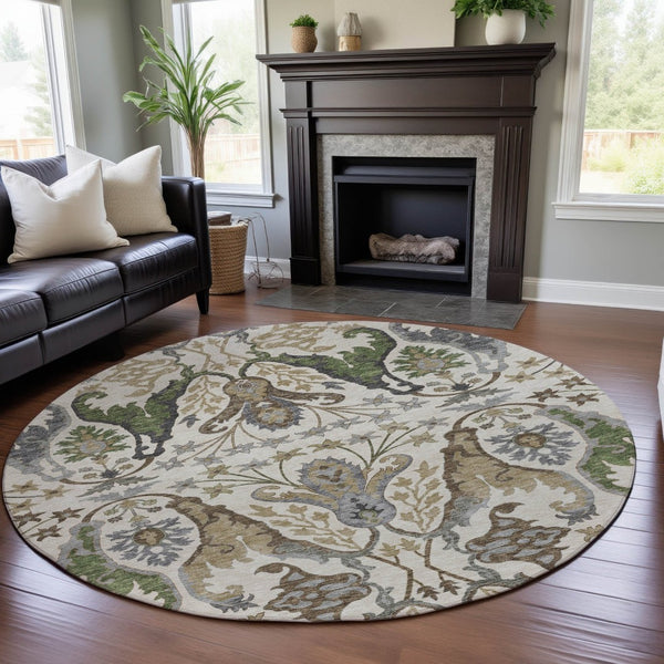 HomeRoots 8' Washable Round Rug with UV Protection - Elegant Ivory, Olive Green & Brown Floral Design, Durable! 686936