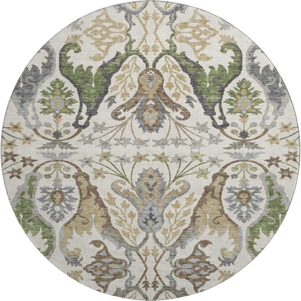 HomeRoots 8' Washable Round Rug with UV Protection - Elegant Ivory, Olive Green & Brown Floral Design, Durable! 686936