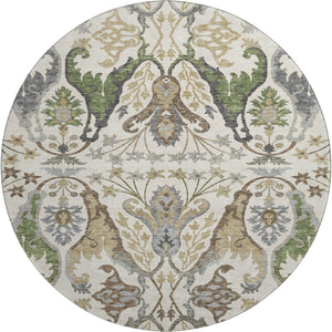 HomeRoots 8' Washable Round Rug with UV Protection - Elegant Ivory, Olive Green & Brown Floral Design, Durable! 686936
