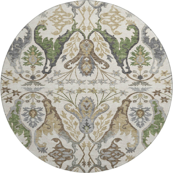 HomeRoots 8' Washable Round Rug with UV Protection - Elegant Ivory, Olive Green & Brown Floral Design, Durable! 686936