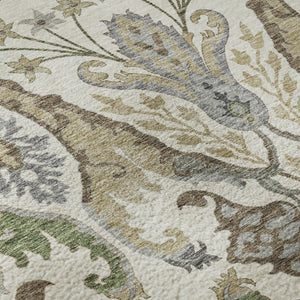 HomeRoots 8' Washable Round Rug with UV Protection - Elegant Ivory, Olive Green & Brown Floral Design, Durable! 686936