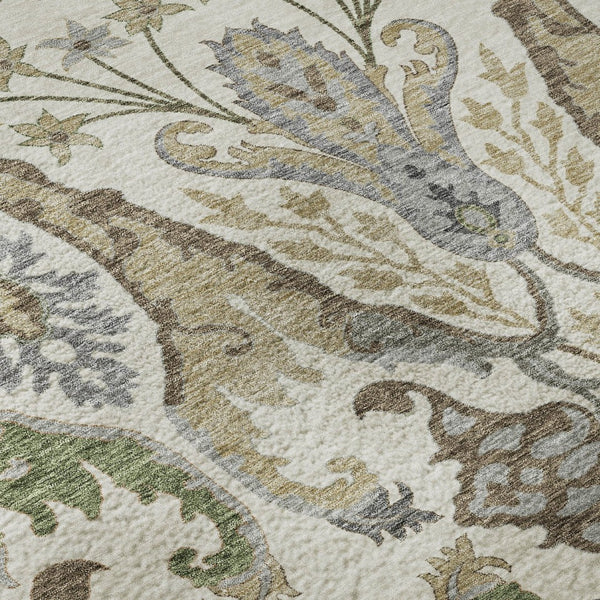 HomeRoots 8' Washable Round Rug with UV Protection - Elegant Ivory, Olive Green & Brown Floral Design, Durable! 686936