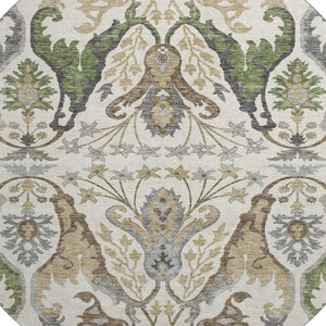 HomeRoots 8' Washable Round Rug with UV Protection - Elegant Ivory, Olive Green & Brown Floral Design, Durable! 686936