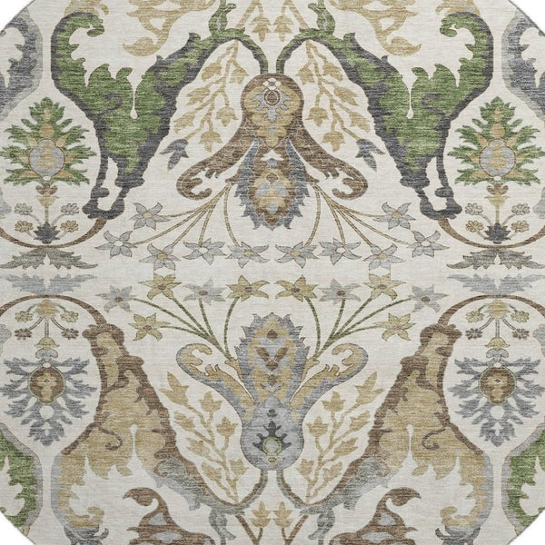 HomeRoots 8' Washable Round Rug with UV Protection - Elegant Ivory, Olive Green & Brown Floral Design, Durable! 686936
