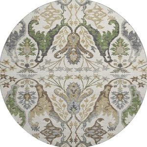 HomeRoots 8' Washable Round Rug with UV Protection - Elegant Ivory, Olive Green & Brown Floral Design, Durable! 686936