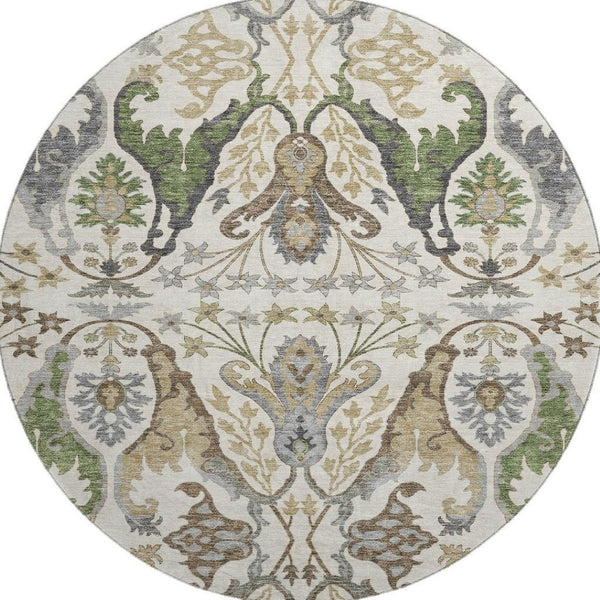 HomeRoots 8' Washable Round Rug with UV Protection - Elegant Ivory, Olive Green & Brown Floral Design, Durable! 686936