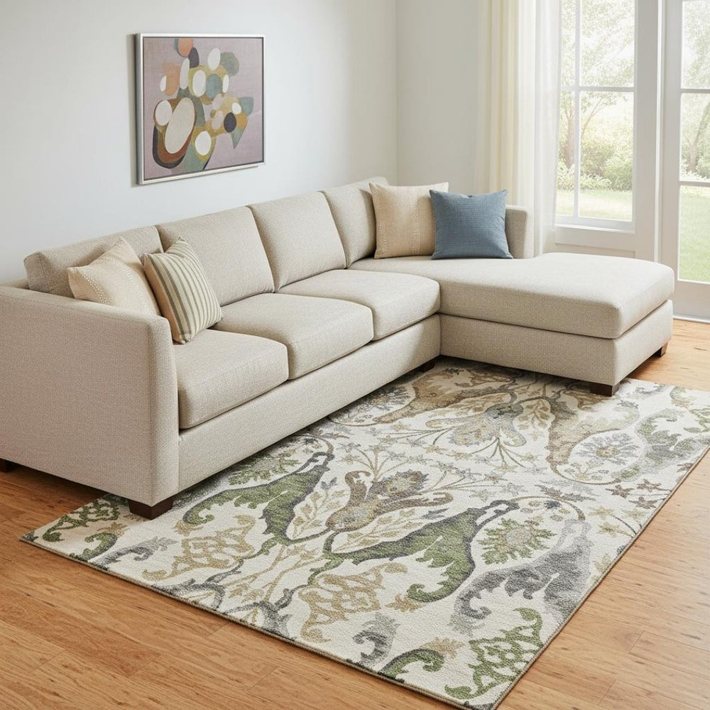 HomeRoots 8' X 10' Floral Area Rug in Ivory, Olive Green & Brown - Washable, UV-Protected, Stain-Resistant! 686937