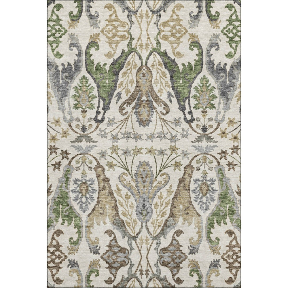 HomeRoots 8' X 10' Floral Area Rug in Ivory, Olive Green & Brown - Washable, UV-Protected, Stain-Resistant! 686937