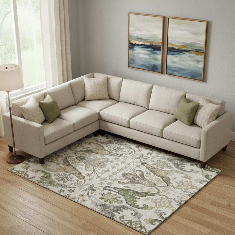 HomeRoots 9' X 12' Floral Area Rug in Ivory with Olive Green & Brown Accents - Washable & UV Protected Design 686938
