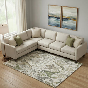 HomeRoots 9' X 12' Floral Area Rug in Ivory with Olive Green & Brown Accents - Washable & UV Protected Design 686938