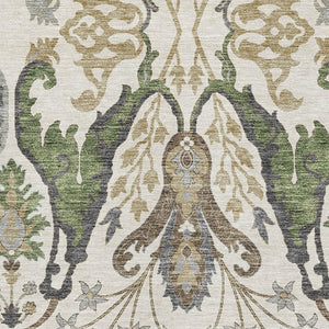HomeRoots 9' X 12' Floral Area Rug in Ivory with Olive Green & Brown Accents - Washable & UV Protected Design 686938