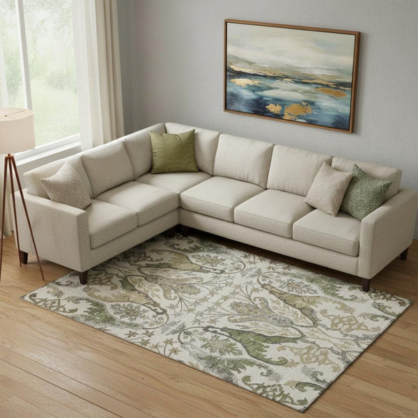 HomeRoots 10' X 14' Ivory Olive Green Brown Floral Washable Area Rug with UV Protection for Modern Homes 686939