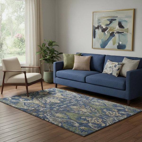 HomeRoots 5' X 8' Navy Blue, Olive Green & Brown Floral Area Rug - Washable, UV-Protected, Stylish Durability! 686941